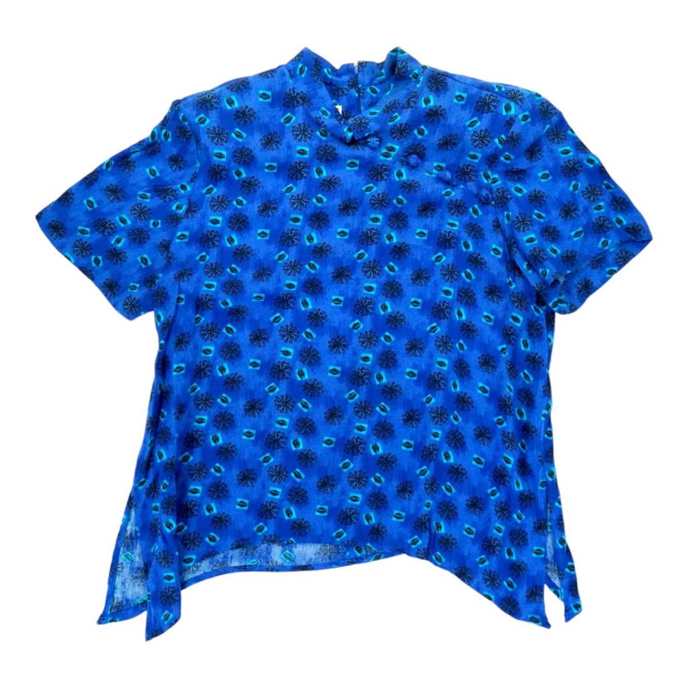 Vintage Karin Stevens Women's Blue Rayon Short Sleeve Blouse Size 10